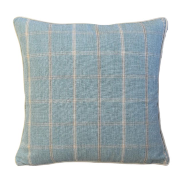 Custom-tailored designer pillow in a beautiful woven blue, gray, and cream plaid fabric. Same fabric on the reverse. Cord...