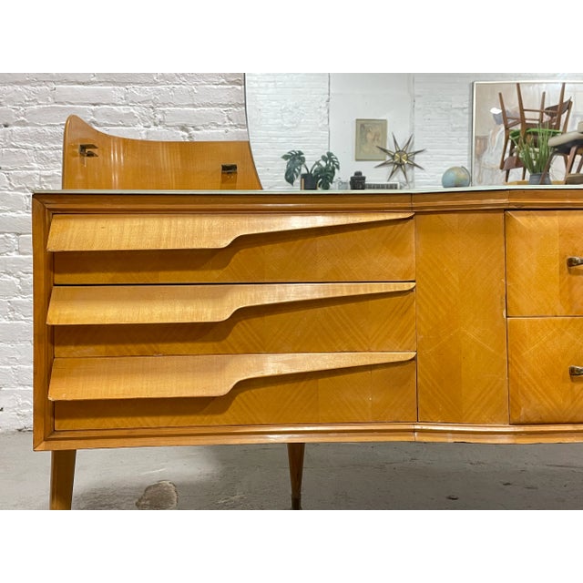 Mid-Century Modern Italian Mid Century Modern Maple Long Dresser / Vanity + Large Mirror, C. 1960's For Sale - Image 3 of 12