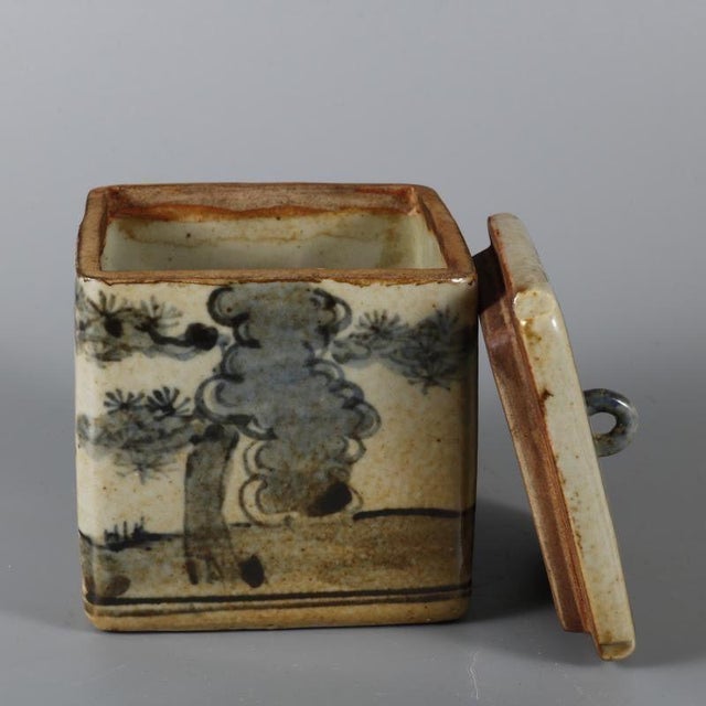 Vintage Chinese Blue and White Square Porcelain Lidded Box, Hand Painted Scholar Scene Storage Jar For Sale In New York - Image 6 of 7