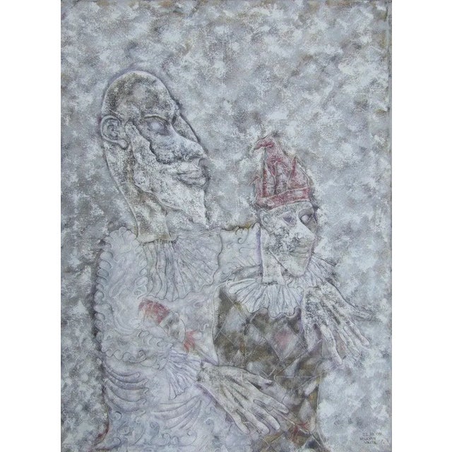 A subtle piece from Sax Berlin created in the 1990's; this painting unites 2 iconic figures, Pierrot and Harlequin. Whilst...