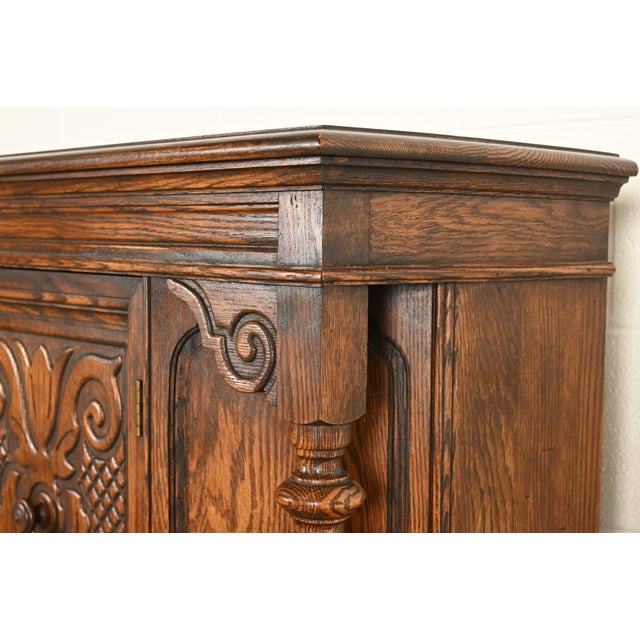 Brown Bernhardt Furniture Antique English Jacobean Carved Oak Bar Cabinet, Circa 1930s For Sale - Image 8 of 16
