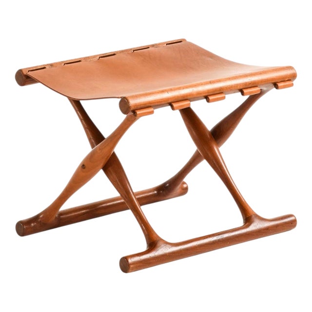 Mid-Century Folding Stool in Teak and Leather attributed to Poul Hundevad for Guldhøj, 1950s For Sale