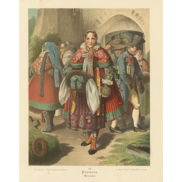 This chromolithograph illustrates traditional costume from Weizacker in Pomerania, a Baltic-influenced region of northern...