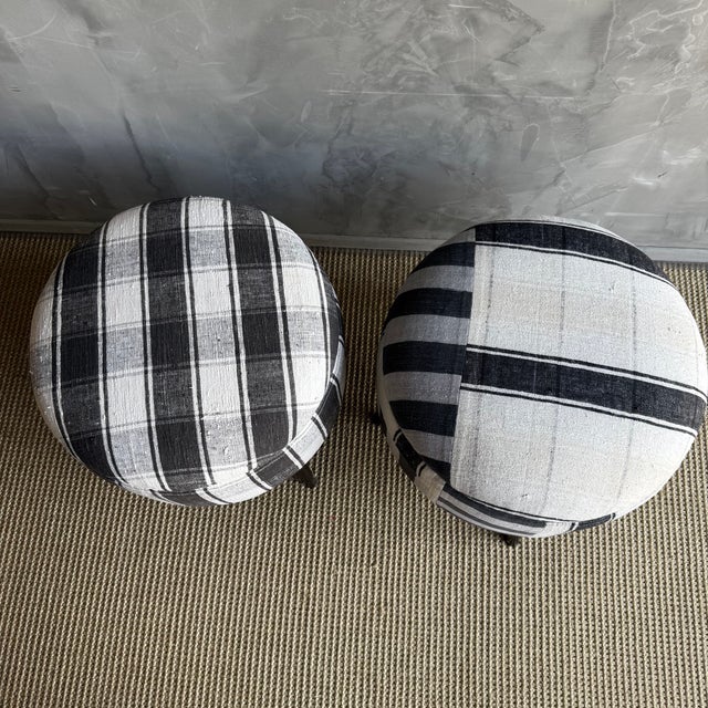 Mid-Century Modern Pair of Modern Neutral Gray, Black & Greige Stripe Ottomans Made From Vintage Turkish Rugs For Sale - Image 3 of 8