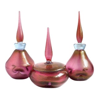 Vintage Murano Barbini Amethyst Gold Italian Art Glass Midcentury Vanity Powder Box Perfume Set For Sale