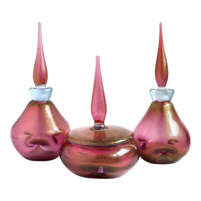 Vintage Murano Barbini Amethyst Gold Italian Art Glass Midcentury Vanity Powder Box Perfume Set For Sale