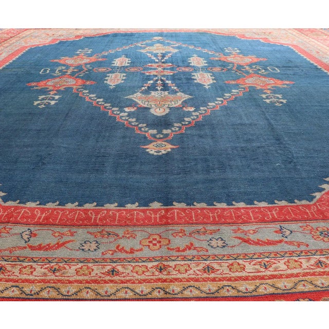 Tribal Large Antique Turkish Oushak Rug in Blue and Red With Ornate Medallion Design For Sale - Image 3 of 12
