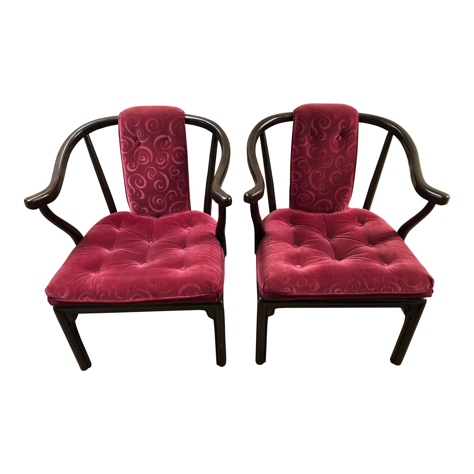 1960s Asian Burgundy Velvet Rosewood Horseshoe Chairs - a ...