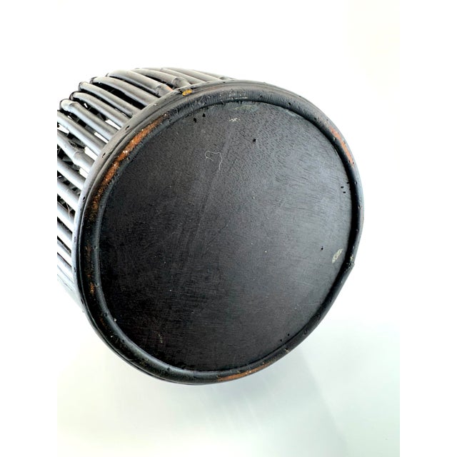 Vintage Mid Century Black Rattan Tapered Basket With Bentwood Handle For Sale - Image 13 of 13