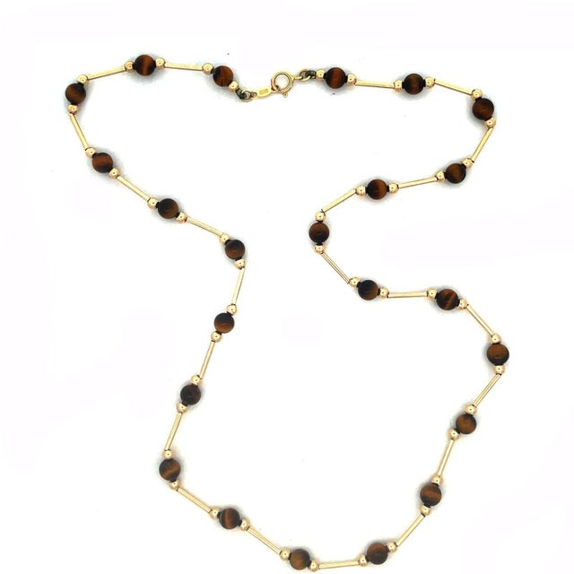 Contemporary Tiger's Eye 14k Gold Necklace Beaded Yellow Tube Links For Sale - Image 3 of 6