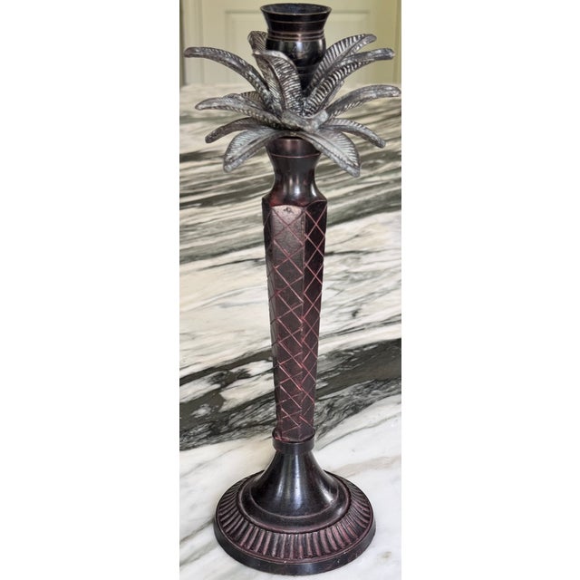 Metal Maitland Smith Style Enameled Metal Palm Tree Candle Holder For Sale - Image 7 of 9