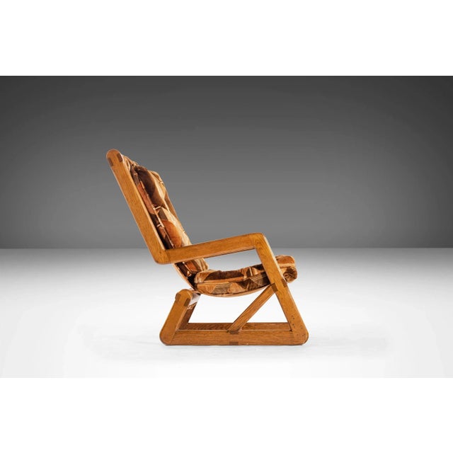 1970s Rare Angular Oak Lounge Chair and Ottoman Set Found in Original Fabric, circa 1970s For Sale - Image 5 of 11