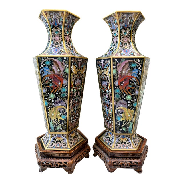 Pair of Antique Art Deco Fish Motif Gilt Bronze Cloisonné Hexagon Vases & Stands For Sale