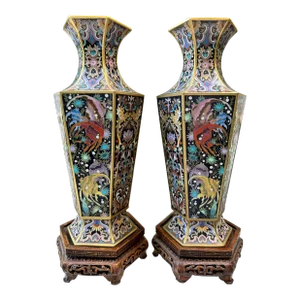 Pair of Antique Art Deco Fish Motif Gilt Bronze Cloisonné Hexagon Vases & Stands