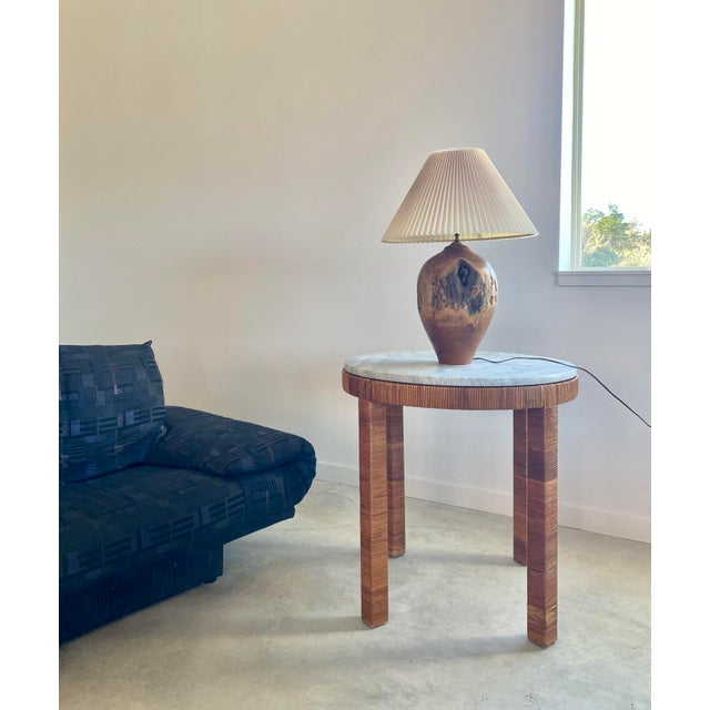 Carved Turned Wood Log Artisan Rustic Lamp + Pleated Shade For Sale - Image 6 of 18