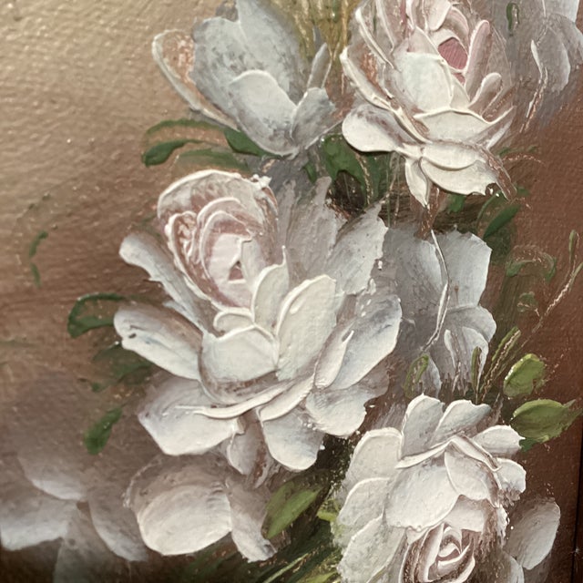Wood Vintage Painting on Driftwood “White Peony“ by Robert Cox (1934- 2001) Framed For Sale - Image 7 of 12