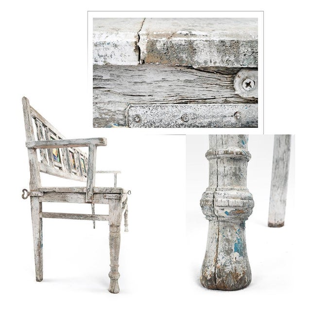 Wooden Bench with 3 Glazed Tiles For Sale - Image 7 of 8