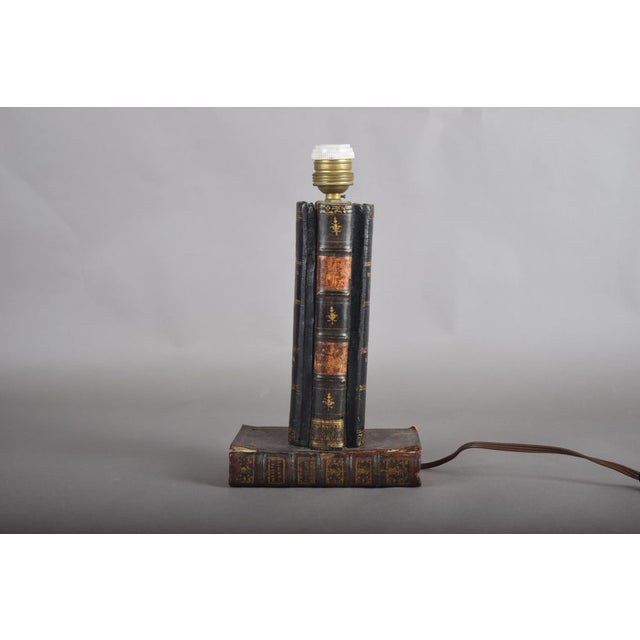Vintage Leather-Bound Book Stack Table Lamp, Library Accent Light, English Study Style, Europe, 1950s For Sale - Image 11 of 12