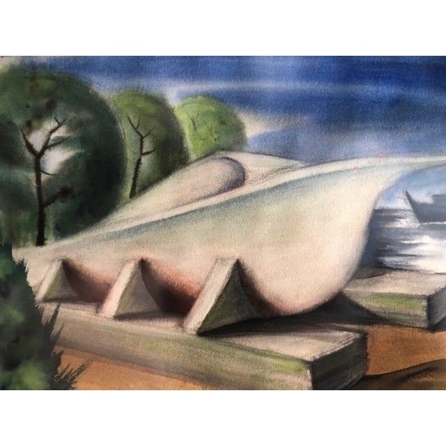 Vintage 1950 Wpa Style Pastel Painting of a Ship For Sale - Image 10 of 12