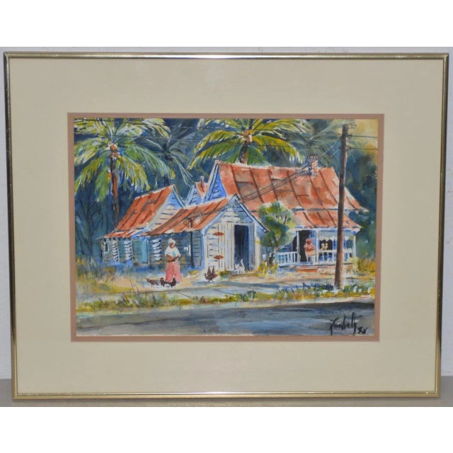 Blue Vintage Watercolor "island Life" Original Painting C.1988 For Sale - Image 8 of 8