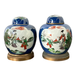 Vintage Asian Famile Verte Lidded Ceramic Jars - A Pair