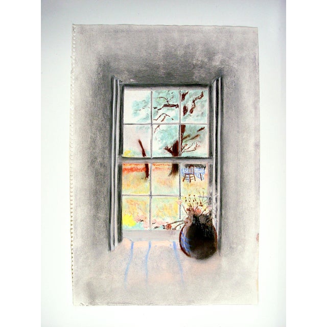 Mid 20th century pastel on paper drawing of beautiful window view out to the sunny garden with shade tree and table all...