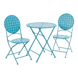 Set of Vintage Turquoise Punched-Metal Daisy Bistro For Sale
