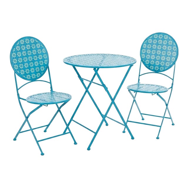 Set of Vintage Turquoise Punched-Metal Daisy Bistro For Sale