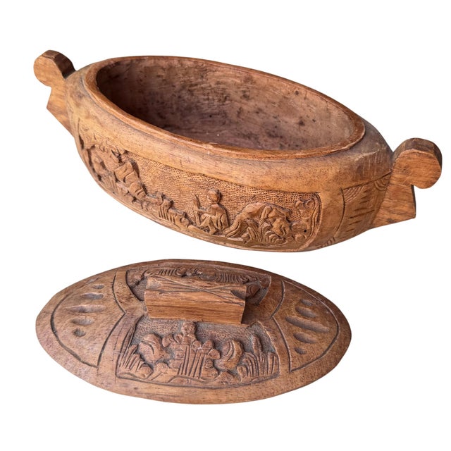 1970s Hand-Carved Folk Wooden Lidded Vessel Featuring Intricate Relief Carvings and Motifs For Sale In New York - Image 6 of 6