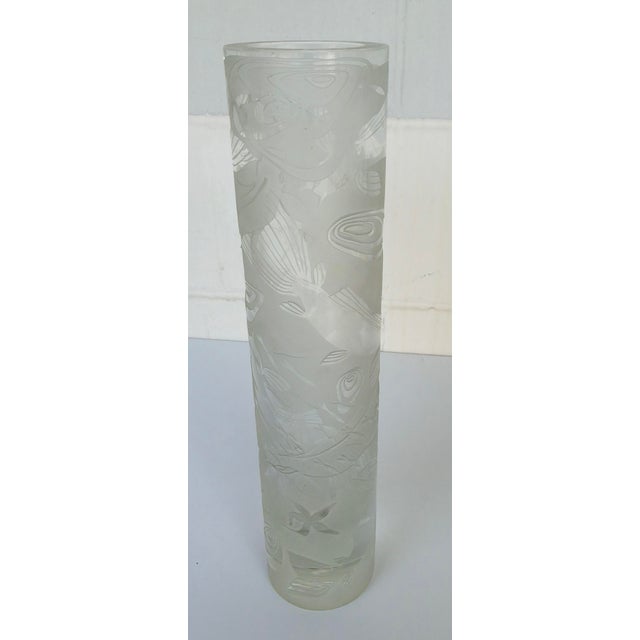Asian Vintage Asian Frosted and Clear Cut Glass Koi Vase For Sale - Image 3 of 5