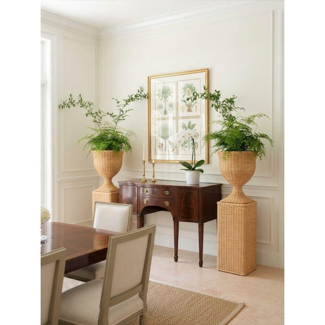 Pair of Vintage Natural Wicker Urn Planters With Pedestal Plinths For Sale - Image 9 of 12