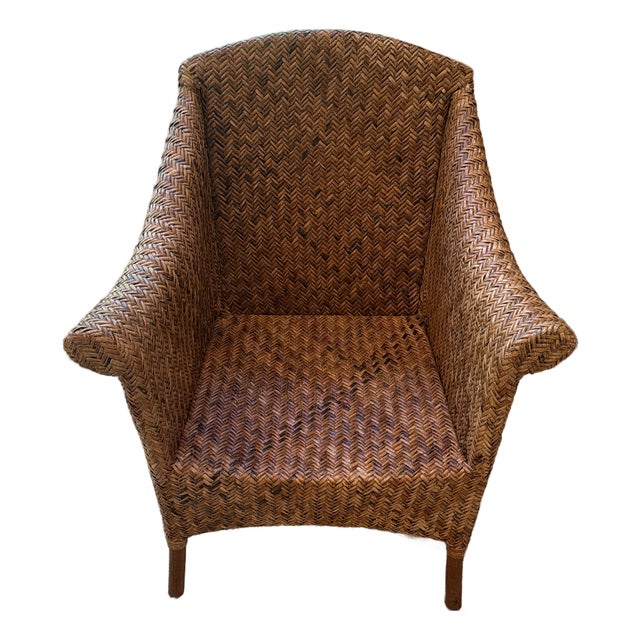 Vintage Philippine Herringbone Woven Rattan Lounge Chair For Sale