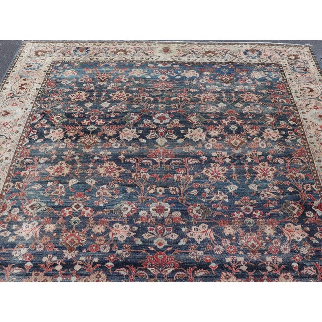 Early 20th Century Antique Persian Tabriz Rug With Allover Botanical Design in Blue 9'0 X 11'5 For Sale - Image 5 of 16