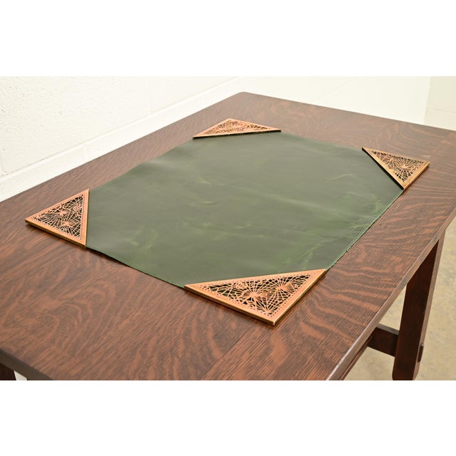 Art Deco Tiffany Studios New York Pine Needle Bronze Blotter Corners With Leather Desk Blotter For Sale - Image 3 of 12
