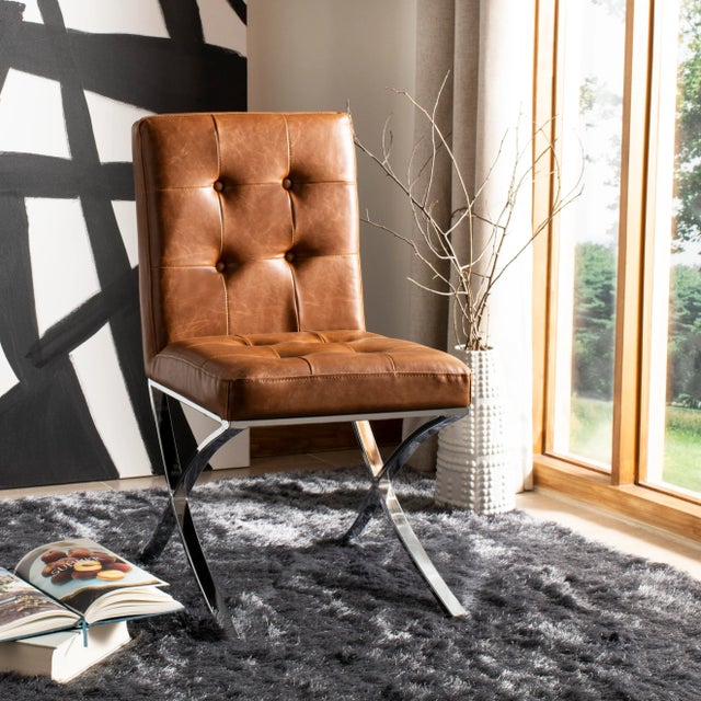 Brown Tufted Side Chair in Light Brown & Chrome For Sale - Image 8 of 10
