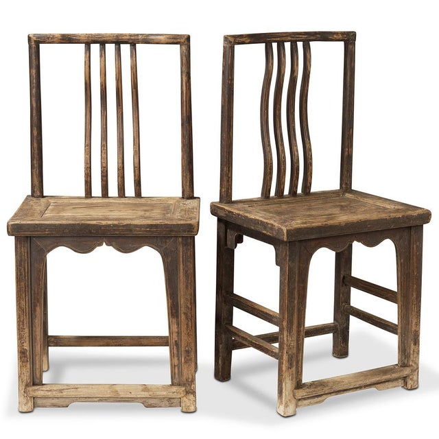 Antique side chairs made of elm wood from Shanxi features elegant patina on seats and 'Southern Official' style head rails...