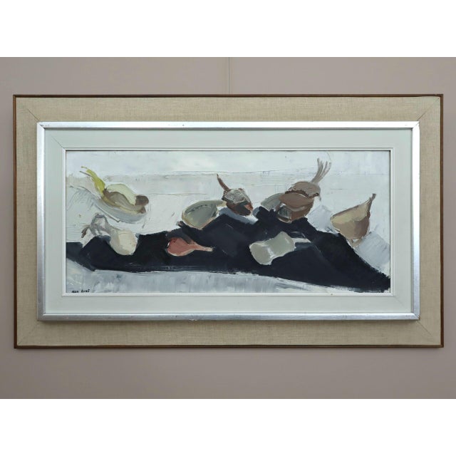 TABLETOP FORMS Size: 21.1 x 35.6 inches (including frame) Oil on canvas A refined mid-century modernist still life...