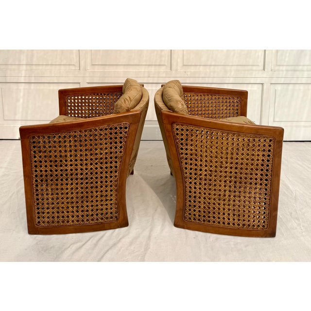 Chinoiserie Pair of Vintage Wood and Cane Upholstered Side Chairs For Sale - Image 3 of 10