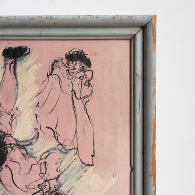 Light Pink Vintage Original Pastel Drawing Depicting a Dramatic Scene by David Azuz, 1960s/1970s For Sale - Image 8 of 14
