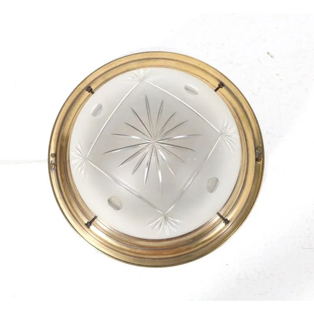 Goldenrod Art Nouveau Patinated Brass Cut Blown Glass Flush Mount Ceiling Light, 1900s For Sale - Image 8 of 8