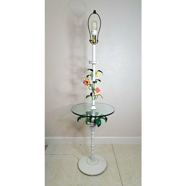 Vintage Hand-Painted Floral Tole Floor Lamp With Glass Table, Hollywood Regency For Sale - Image 4 of 15