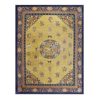 1920s Yellow Field Medallion Classic Greek Key Antique Chinese Peking Wool Rug For Sale
