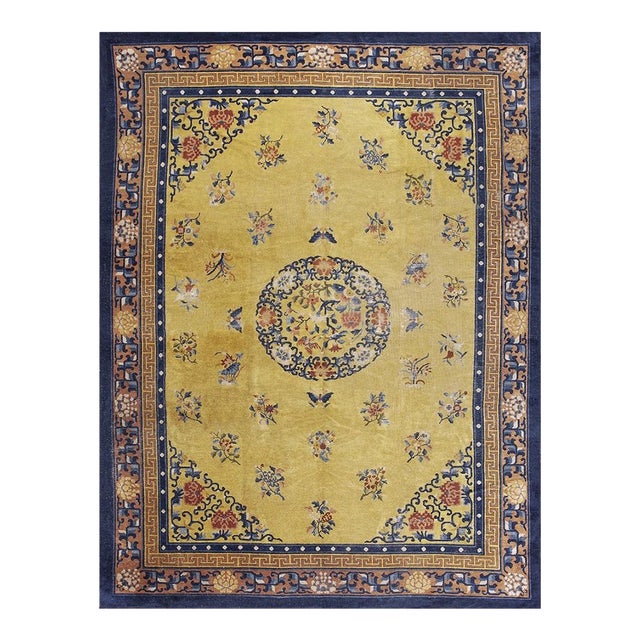 1920s Yellow Field Medallion Classic Greek Key Antique Chinese Peking Wool Rug For Sale