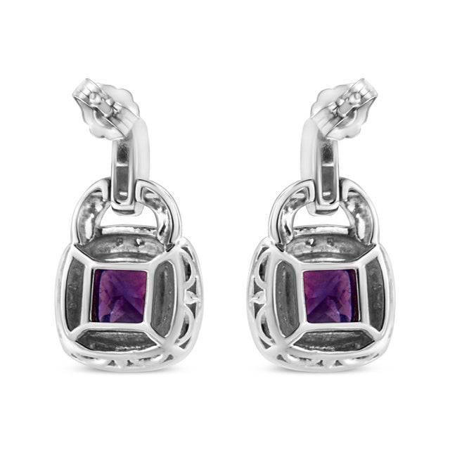 Haus of Brilliance .925 Sterling Silver 8MM Natural Cushion Shaped Amethyst and Diamond Accent Halo with Push Back Dangle Earrings (I-J Color, I2-I3 Clarity) For Sale - Image 4 of 6