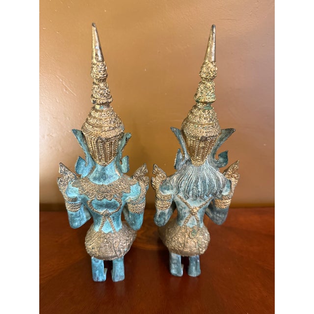 Tibetan Guardian Angel Theppanom Statues Bronze / Gold Gilt 13" - ca.1960 - A Pair For Sale - Image 6 of 15