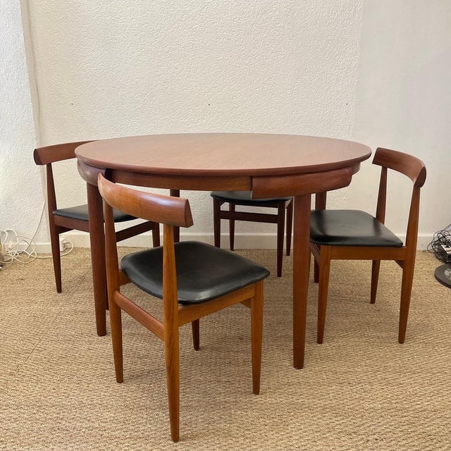 Vintage Roundette Dining Set in Teak and Black Leather by Hans Olsen for Frem Rojle, Denmark, 1950s, Set of 5 For Sale - Image 10 of 16
