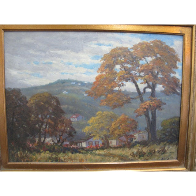 Clyde Leon Keller (Pacific NW, Oregon, California 1872 -1962) framed landscape on panel in elaborate gilt frame. A serene...