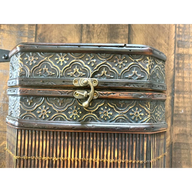 Mid 20th Century Vintage Rustic Primitive Storage Canister Jars Bamboo Metal With Hinged Lid and Top Handle For Sale - Image 9 of 12