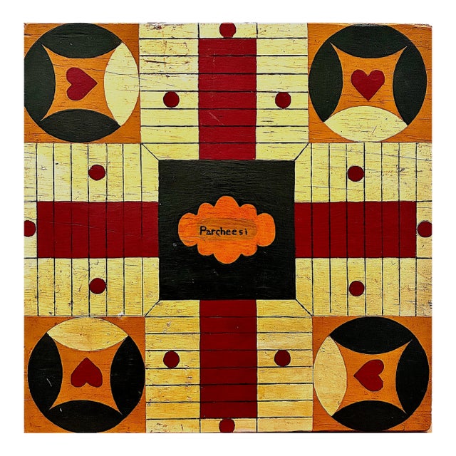 Antique Parcheesi Folk Art Game Board For Sale