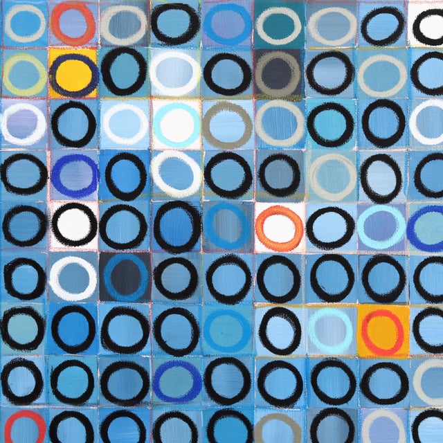 Textile 484 Circles v.2 - Large Abstract Original Contemporary Blue Geometric Acrylic and Oil Pastel Painting For Sale - Image 7 of 9